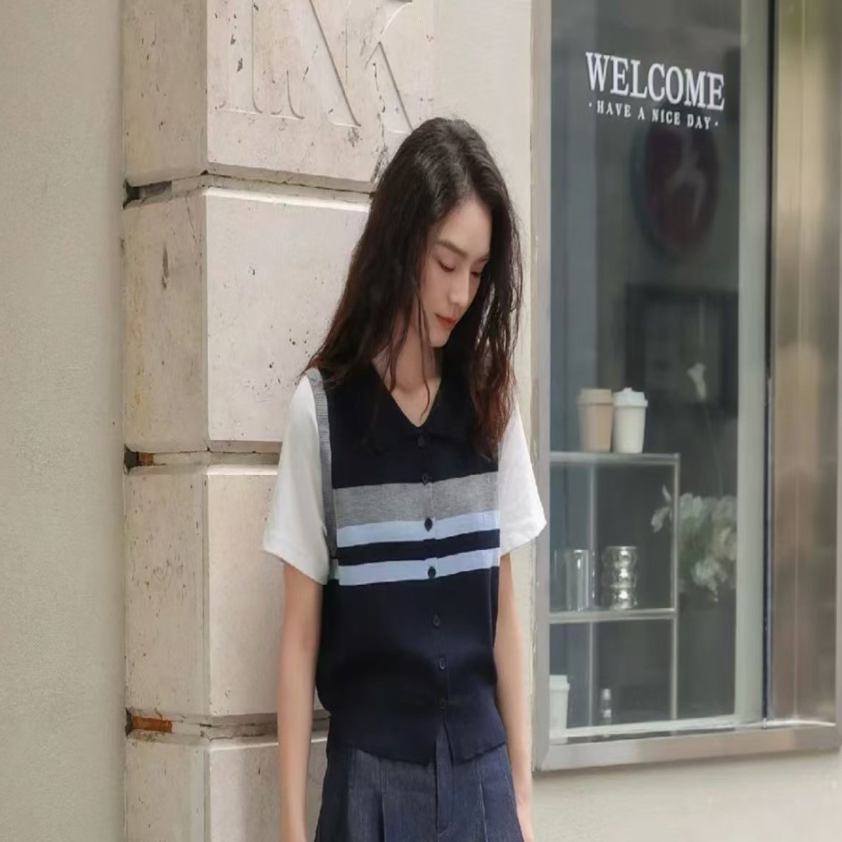 宜美多家 学院风拼接条纹薄细羊毛上衣25061