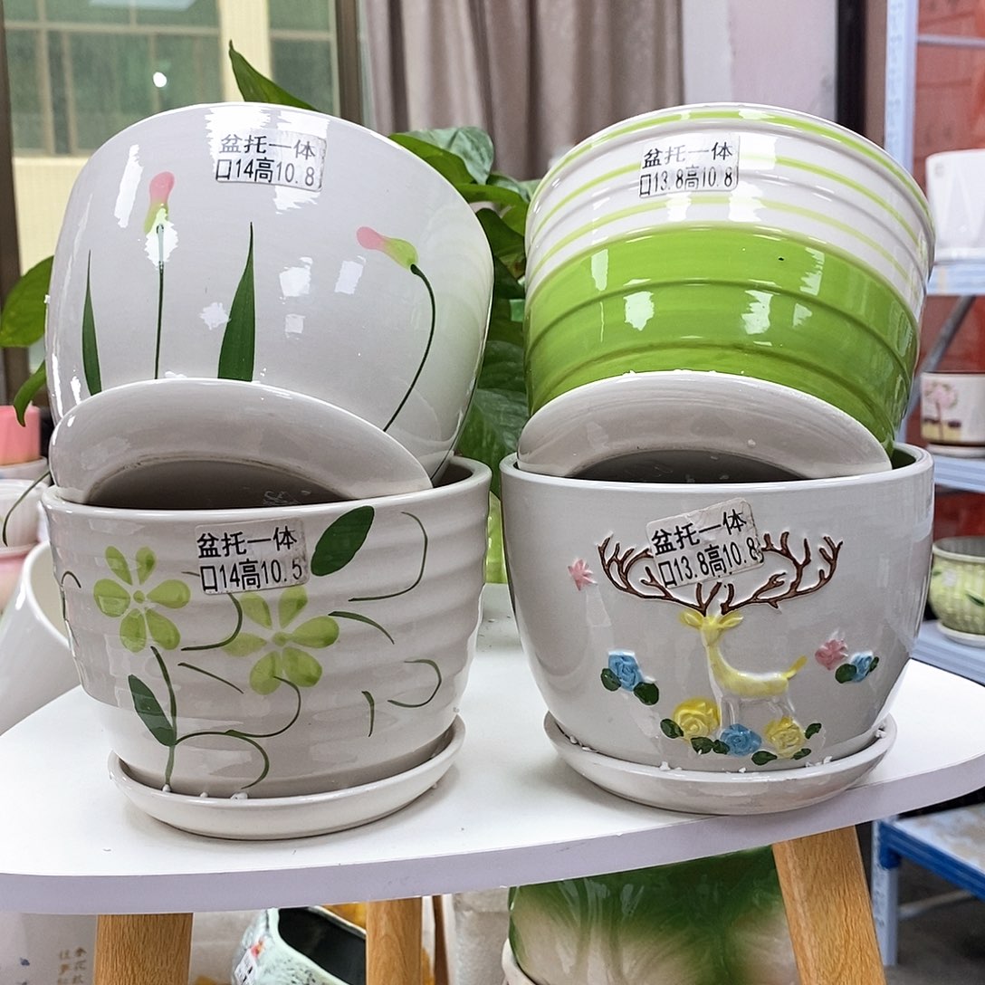陶瓷@陶瓷花盆@@四个手绘