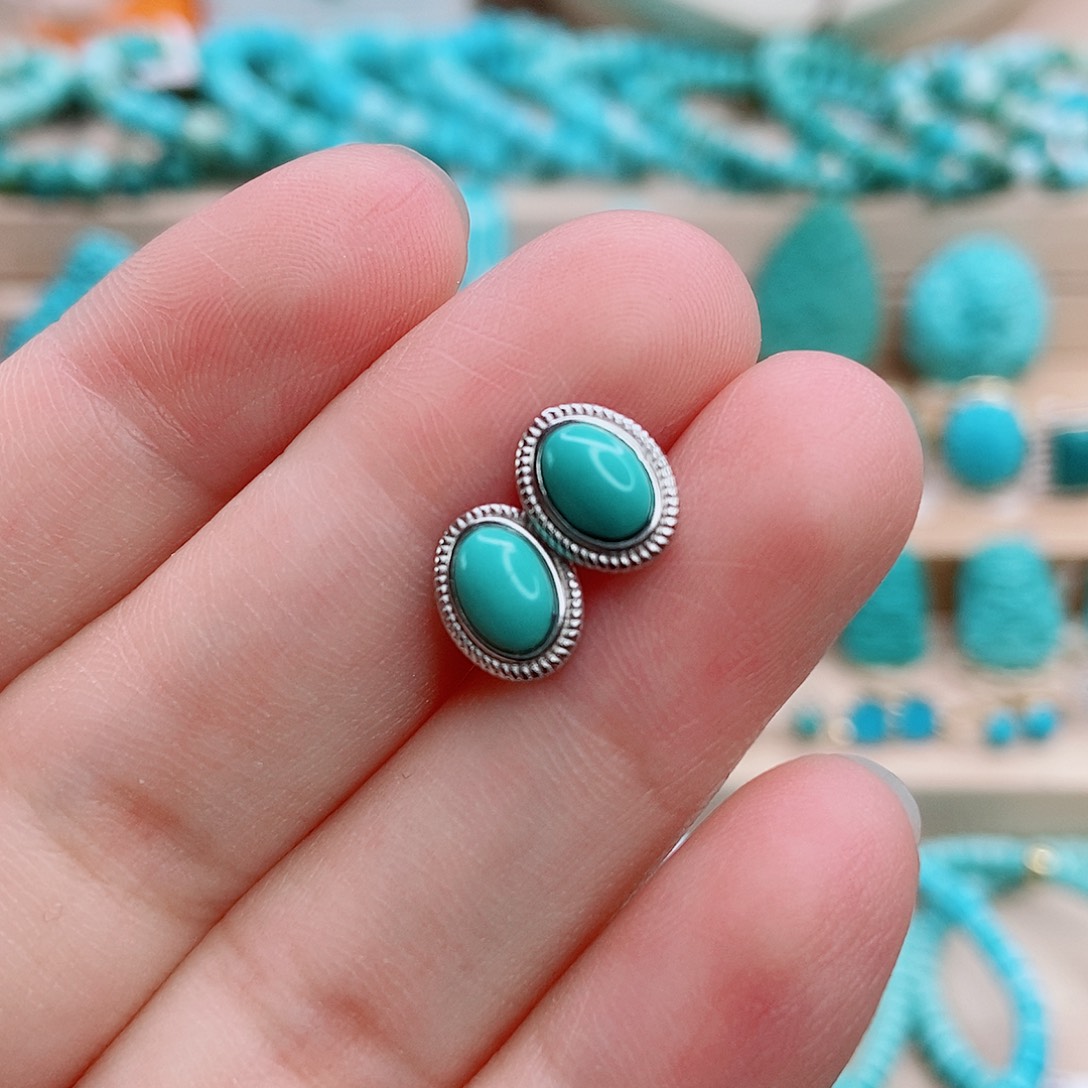 绿松石银S925镶嵌耳钉