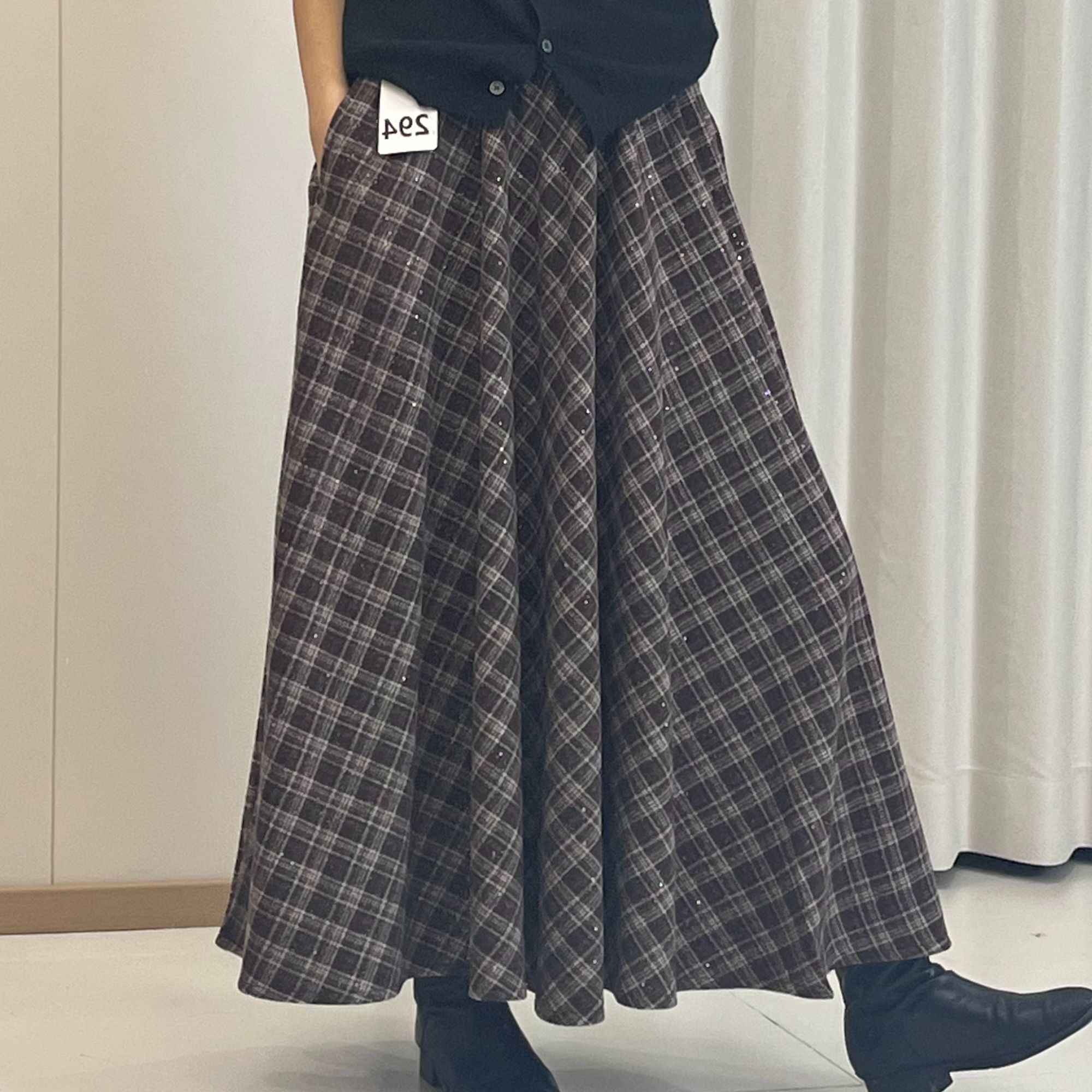【慧】294大摆毛呢高腰格子复古百搭中长裙半身裙女2025秋冬新款
