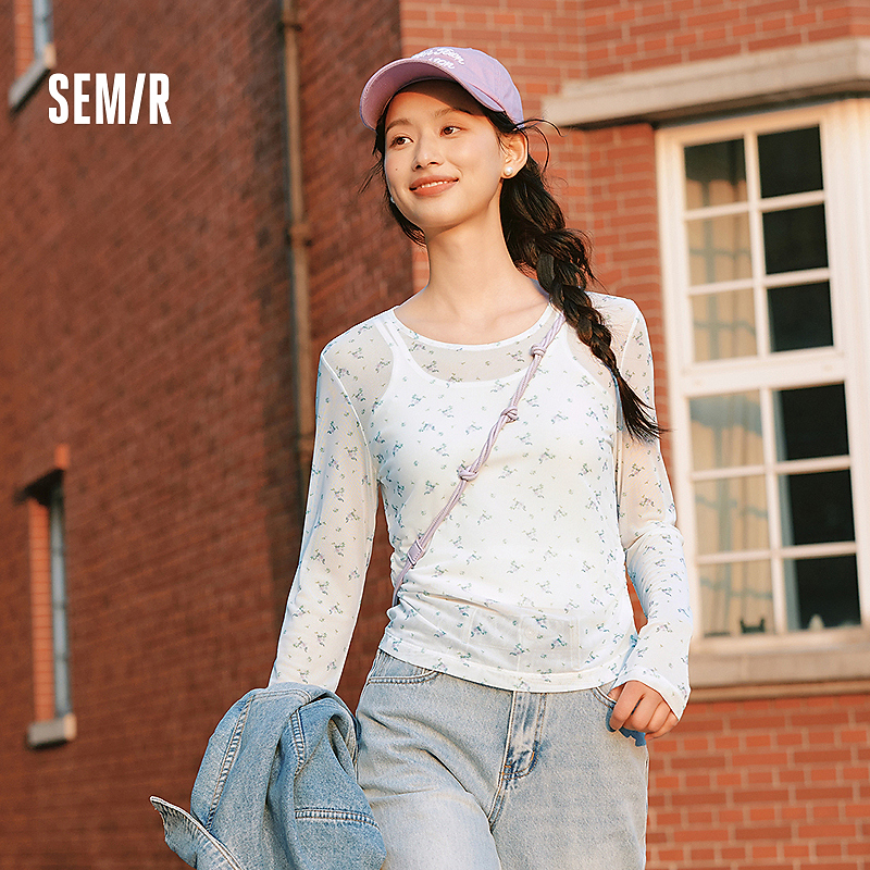 出游季|森马长袖T恤女设计感满印修身叠穿2025新款薄透网纱温柔