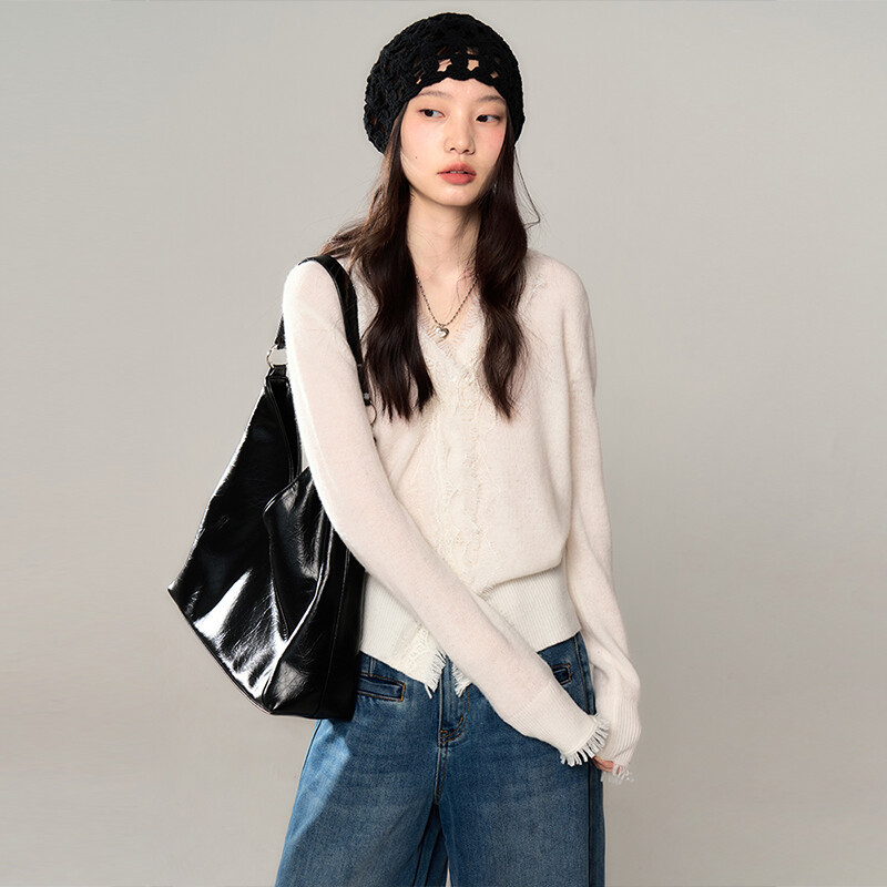 uare小众设计 玫瑰蕾丝 V领睫毛蕾丝拼接针织开衫外套SW84W9801