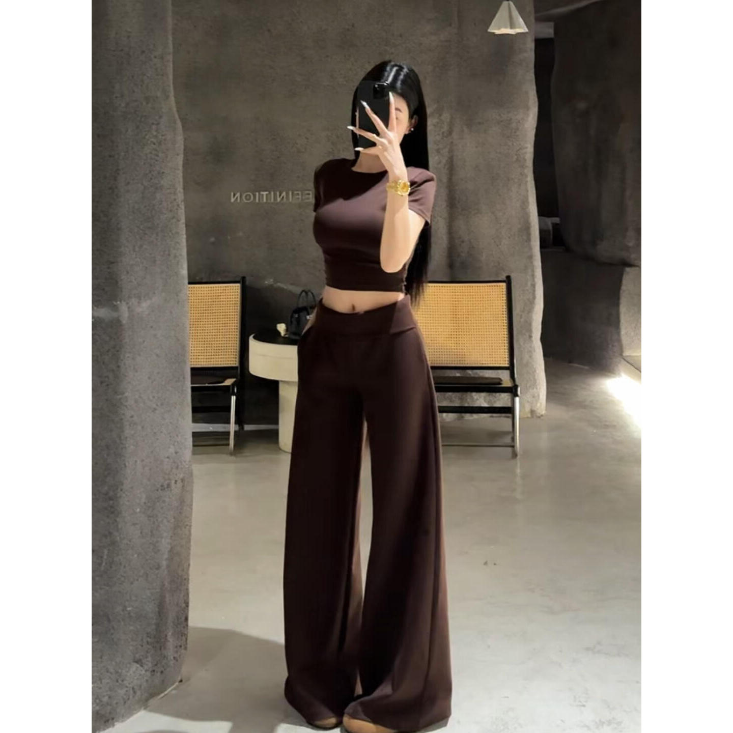 MARIE.COCO2025夏季新款简约短款T恤上衣韩系高腰阔腿休闲裤套装