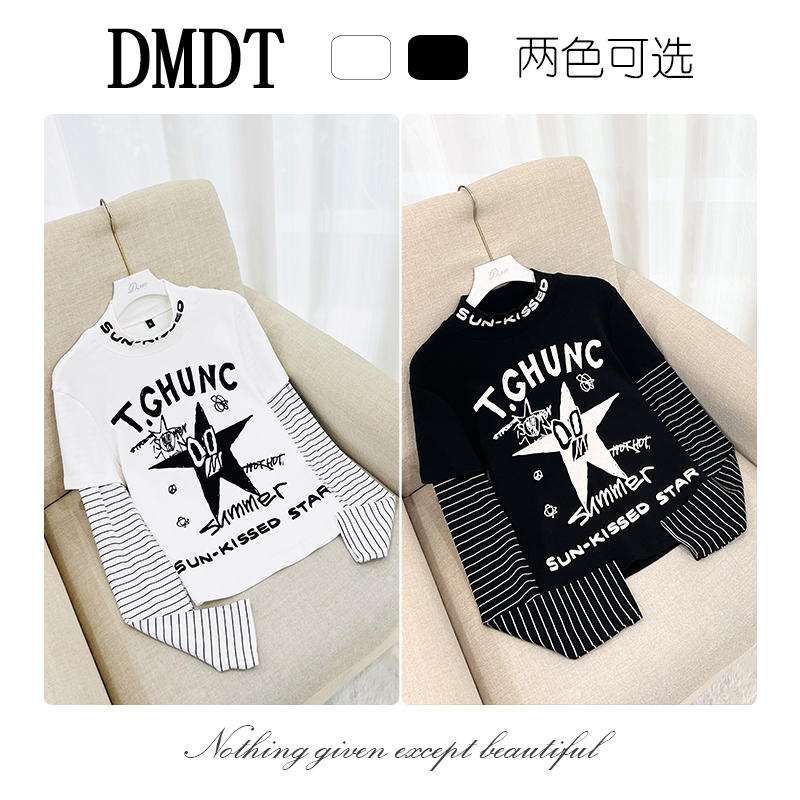 【DMDT服饰】2025新品“好穿又有颜”字母休闲条纹拼接显瘦女T恤T7103