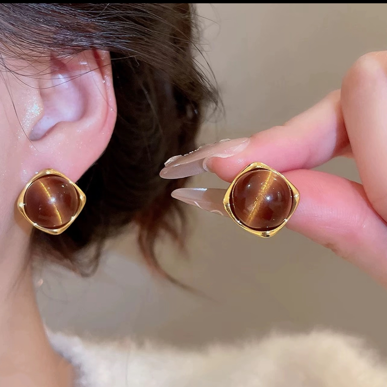 铜合金耳饰 【琥珀色】美拉德秋冬不规则琥珀色耳饰耳环 S76