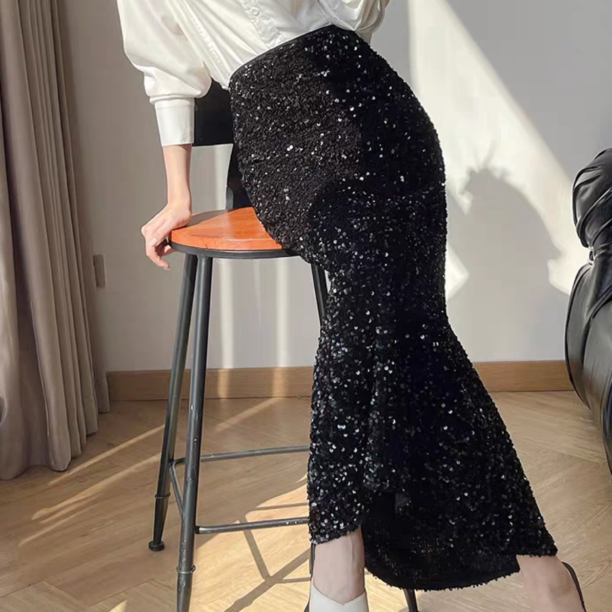 高级感亮片丝绒加绒鱼尾半身裙女高腰显瘦中长款包臀裙