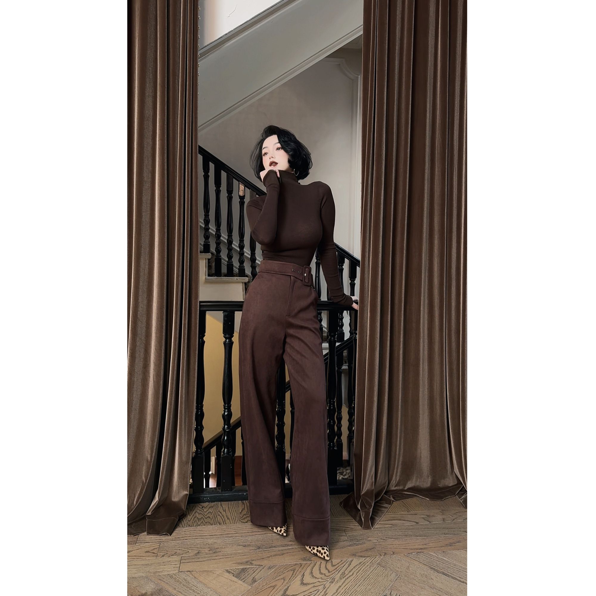 LYXJ【帕丁顿焦糖】高级定制小众设计麂皮绒阔腿裤12677