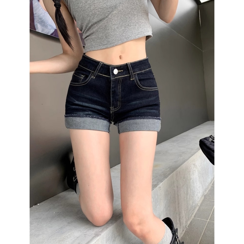 美式辣妹低腰性感超短裤热裤牛仔裤女夏季深蓝色设计感卷边短裤子