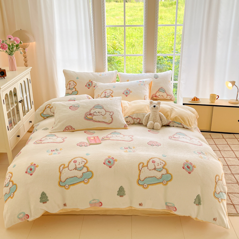 2025新款冬季加厚雪花绒牛奶绒小清新印花床单被套四件套保暖超柔