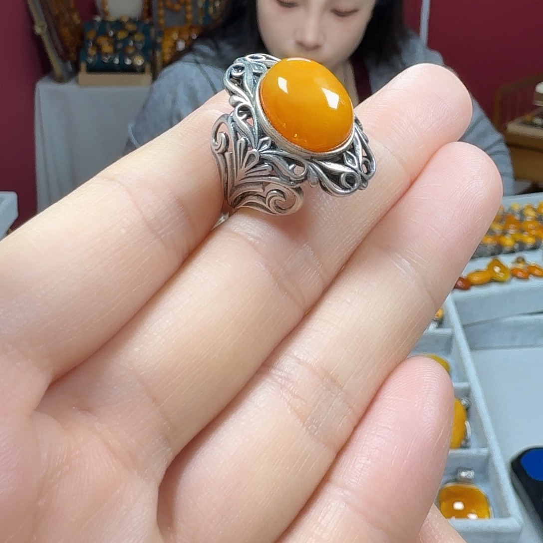 蜜蜡银S925镶嵌手链戒指