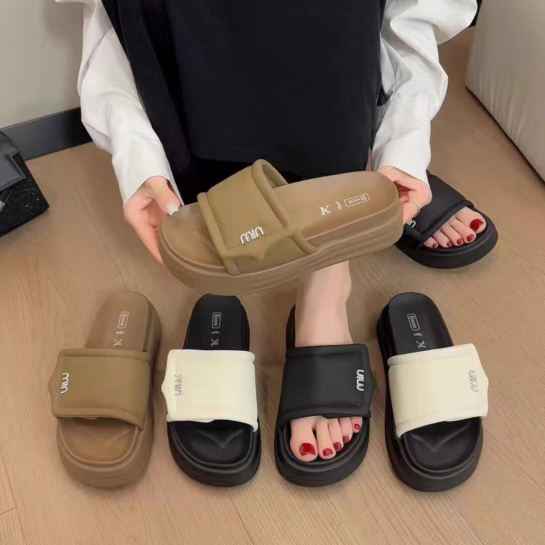 15898-1防水台中跟夏季一字拖鞋凉鞋防滑沙滩鞋度假风