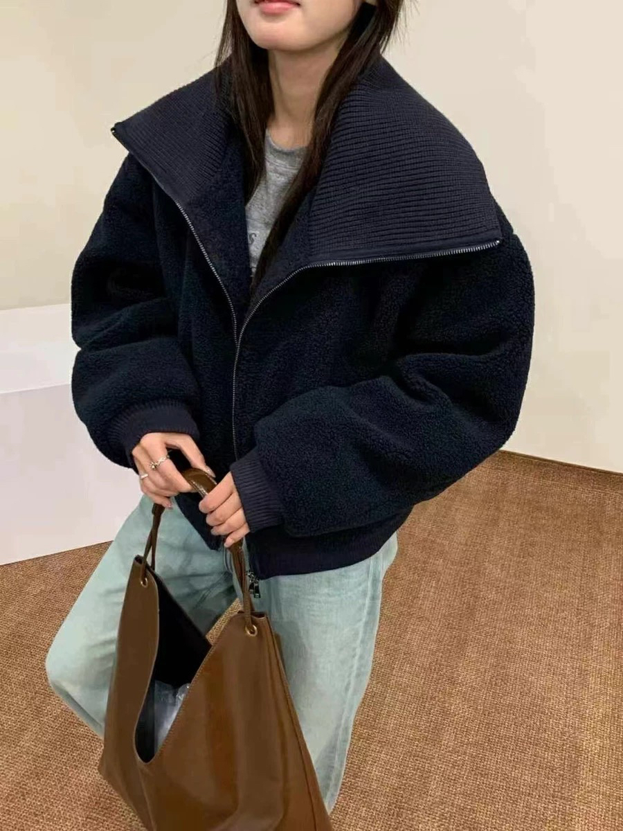 梧桐   韩系设计感时髦宽松针织翻领环保羊羔毛羽绒外套