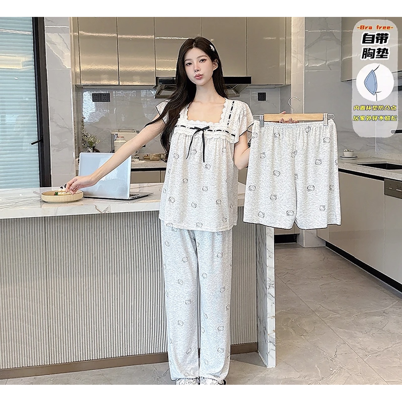 方领kitty莫代尔带胸垫三件套套装