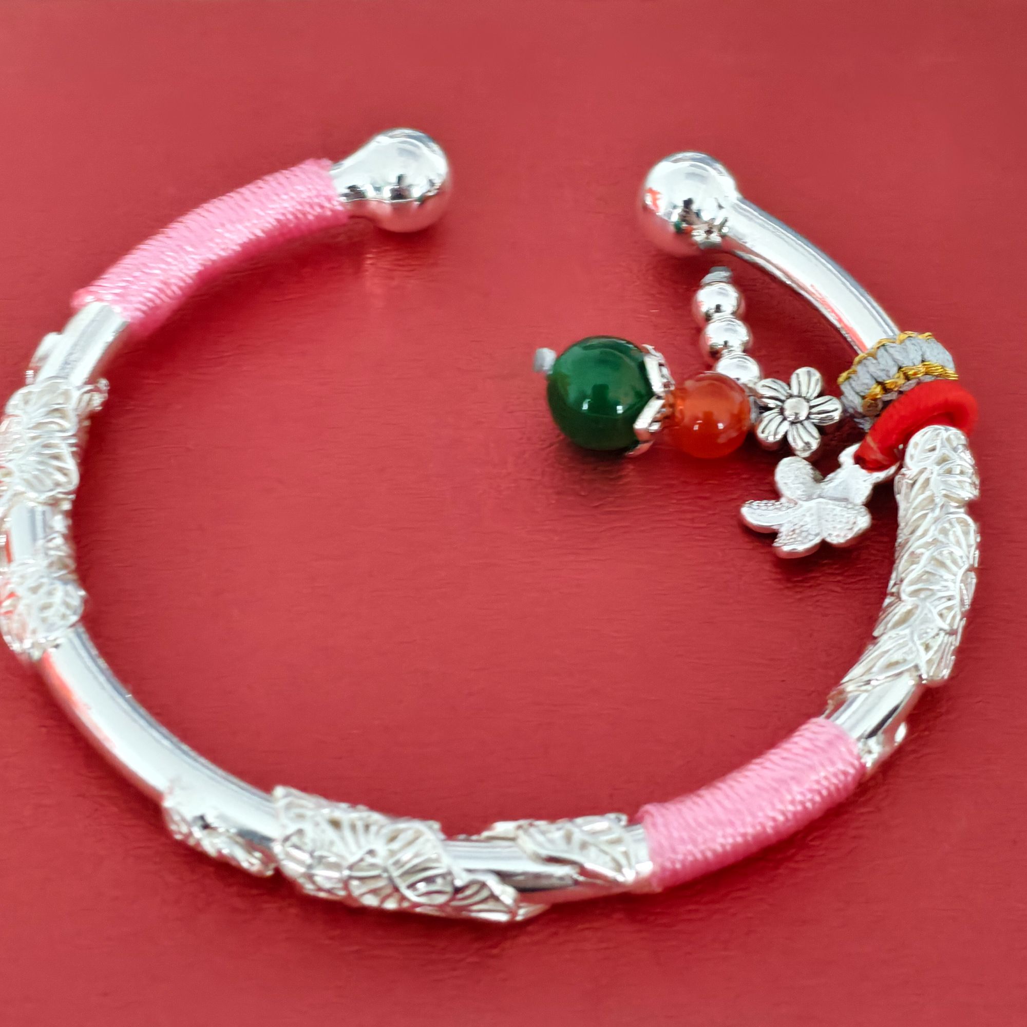 足银手镯 粉红对珠编绳手工时尚复古经典民族风素款0166