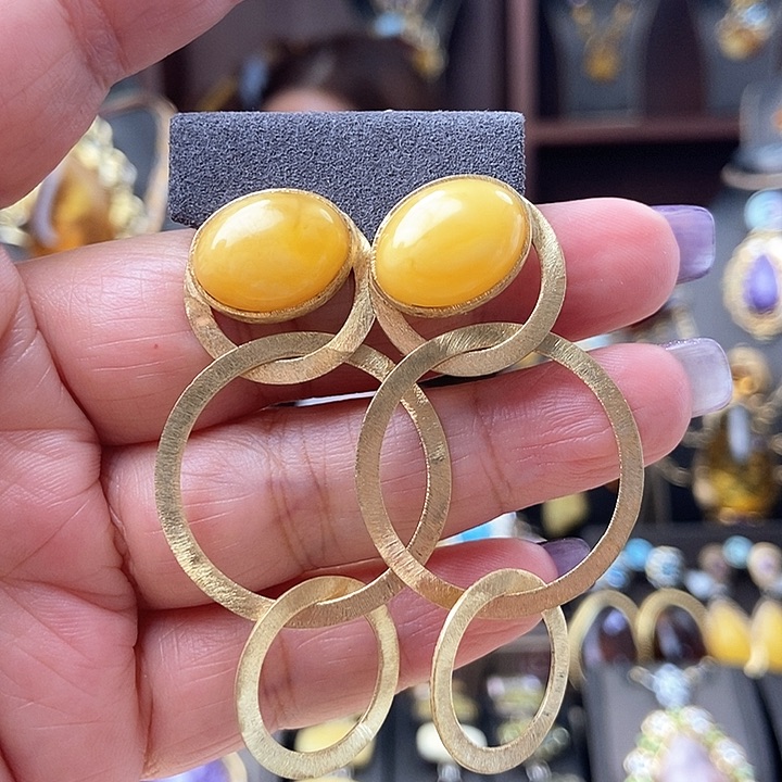 琥珀耳饰银S925镶嵌耳环