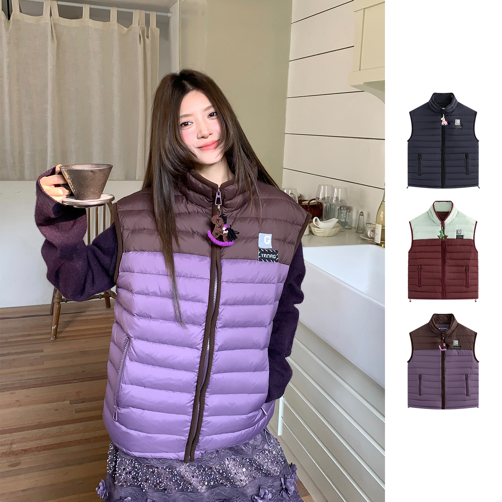 YANAG 钩针小马装饰拼色肉肉排骨鹅绒马甲 gogobuyer BY6Y12001