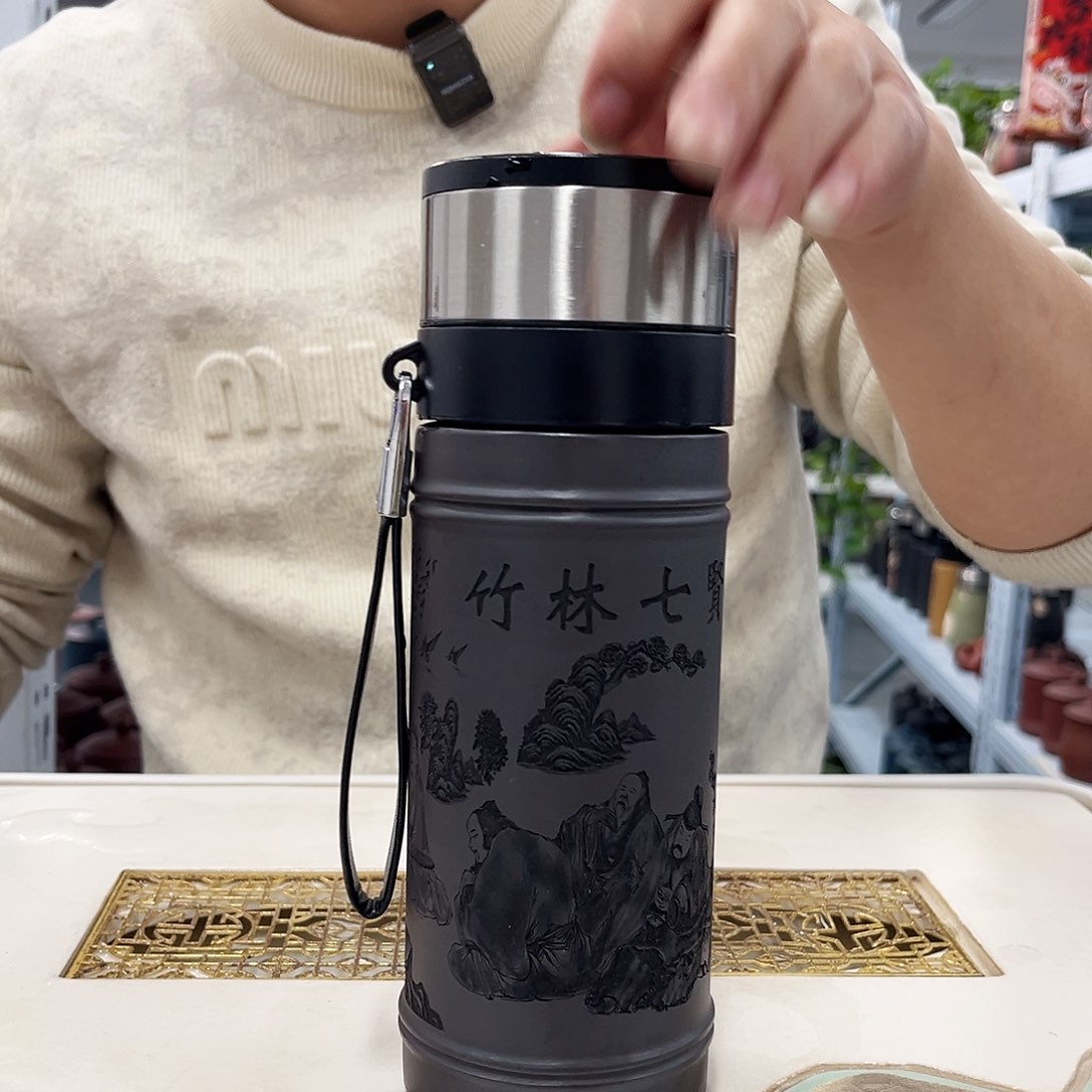 茶杯紫砂竹林七贤黑色弹盖