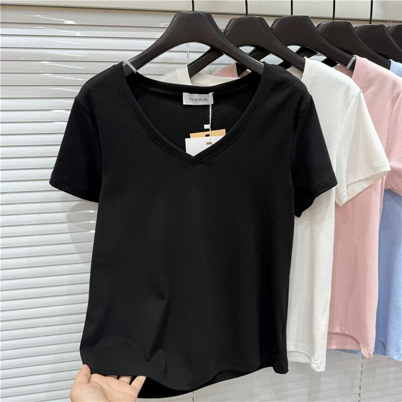2025夏季新款时尚百搭V领宽松显瘦纯色短袖T恤女上衣高品质