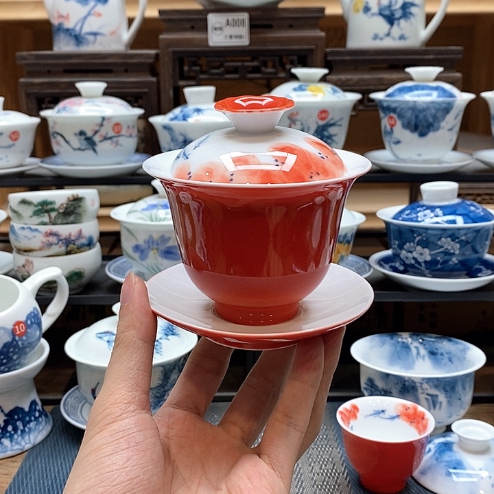 手绘龙船花盖碗160cc釉下彩微瑕福利款