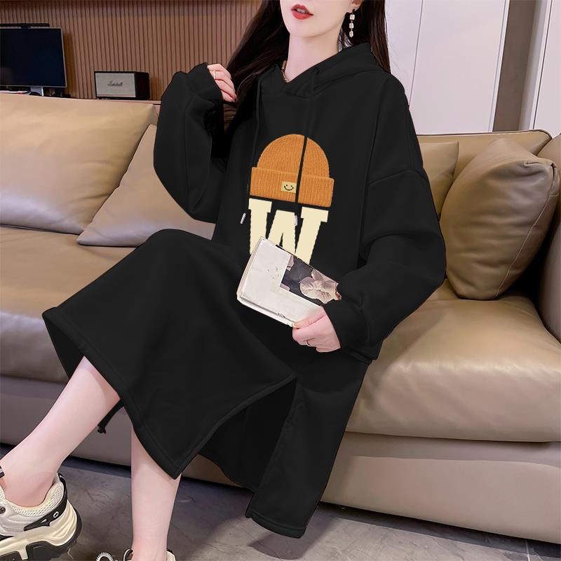 连帽卫衣裙女爆款宽松秋冬加绒加厚长款开叉连衣裙200斤大码上衣