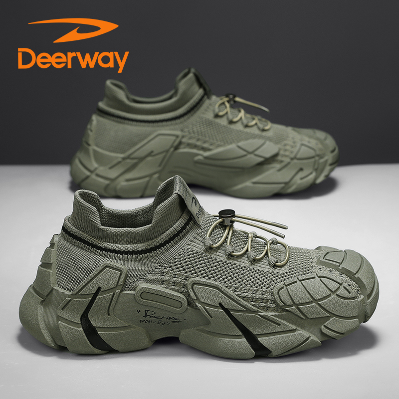 德尔惠男鞋夏季透气飞织网面运动鞋休闲男士一脚蹬袜子增高跑步鞋