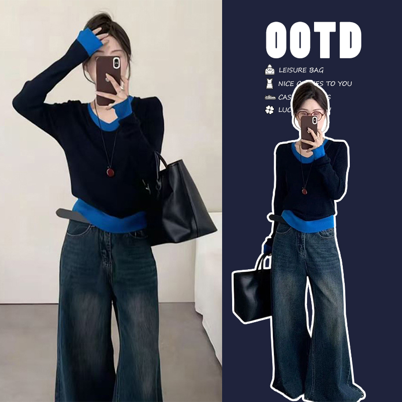 Moses Queen/魔西女王百搭撞色V领假两件针织衫修身显瘦气质上衣