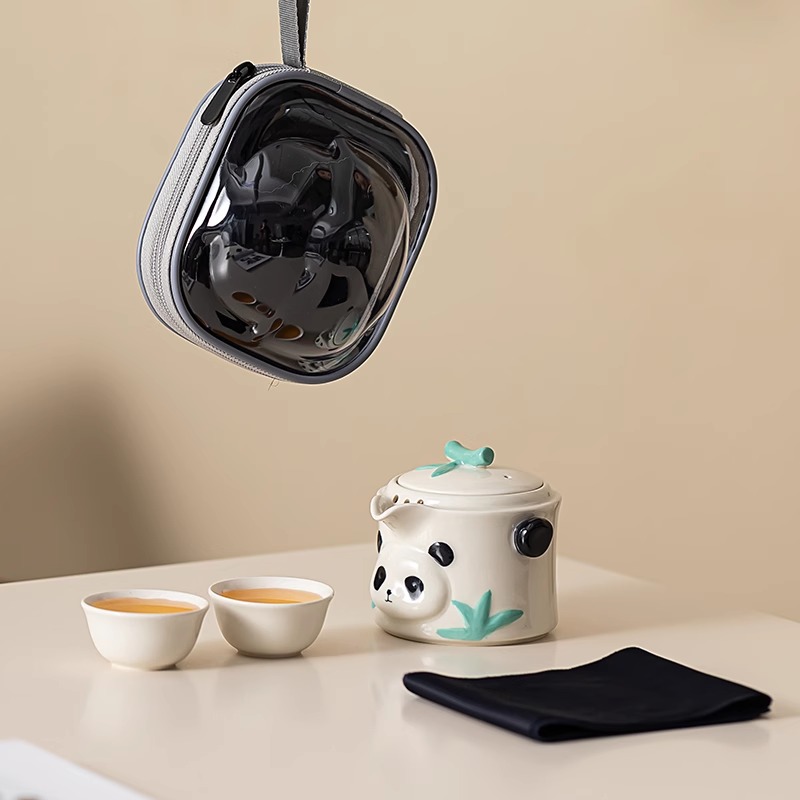 小熊猫国潮风快客杯一壶二杯陶瓷户外便携式旅行功夫茶具