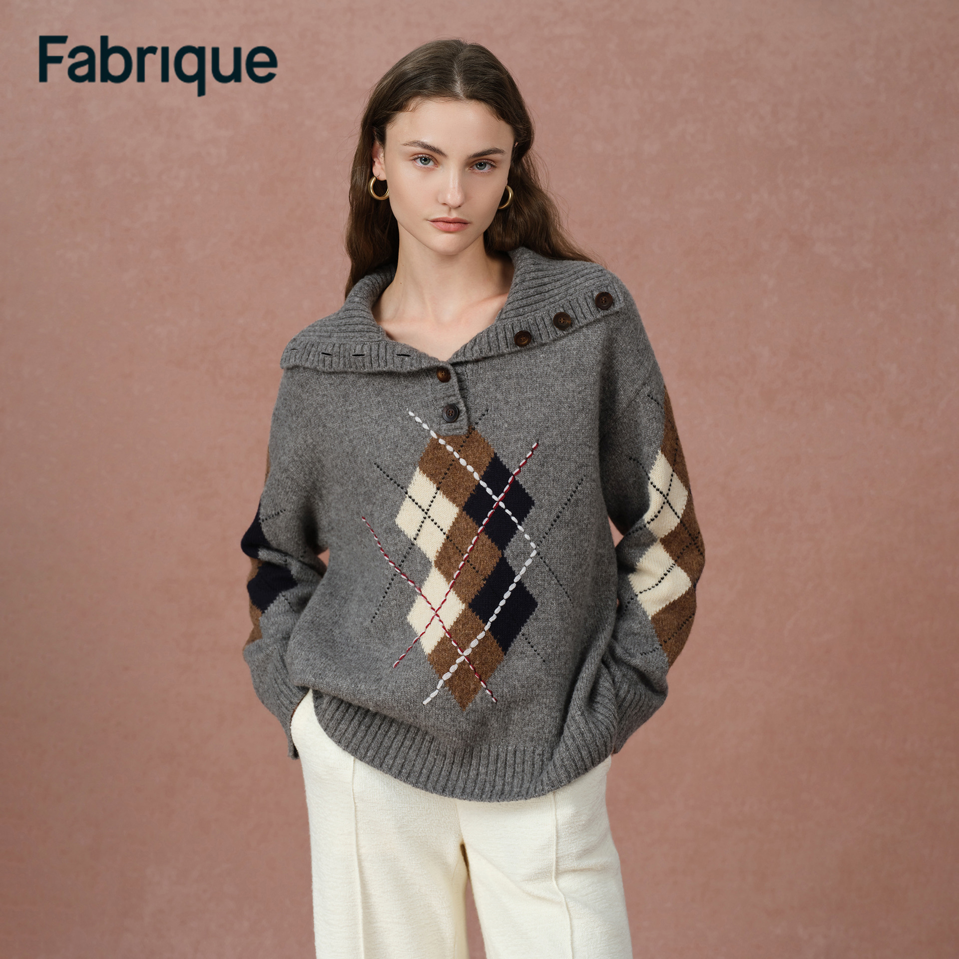 Fabrique Halsey 秋冬手绣流苏绵羊毛桑蚕丝学院风菱格针织毛衣