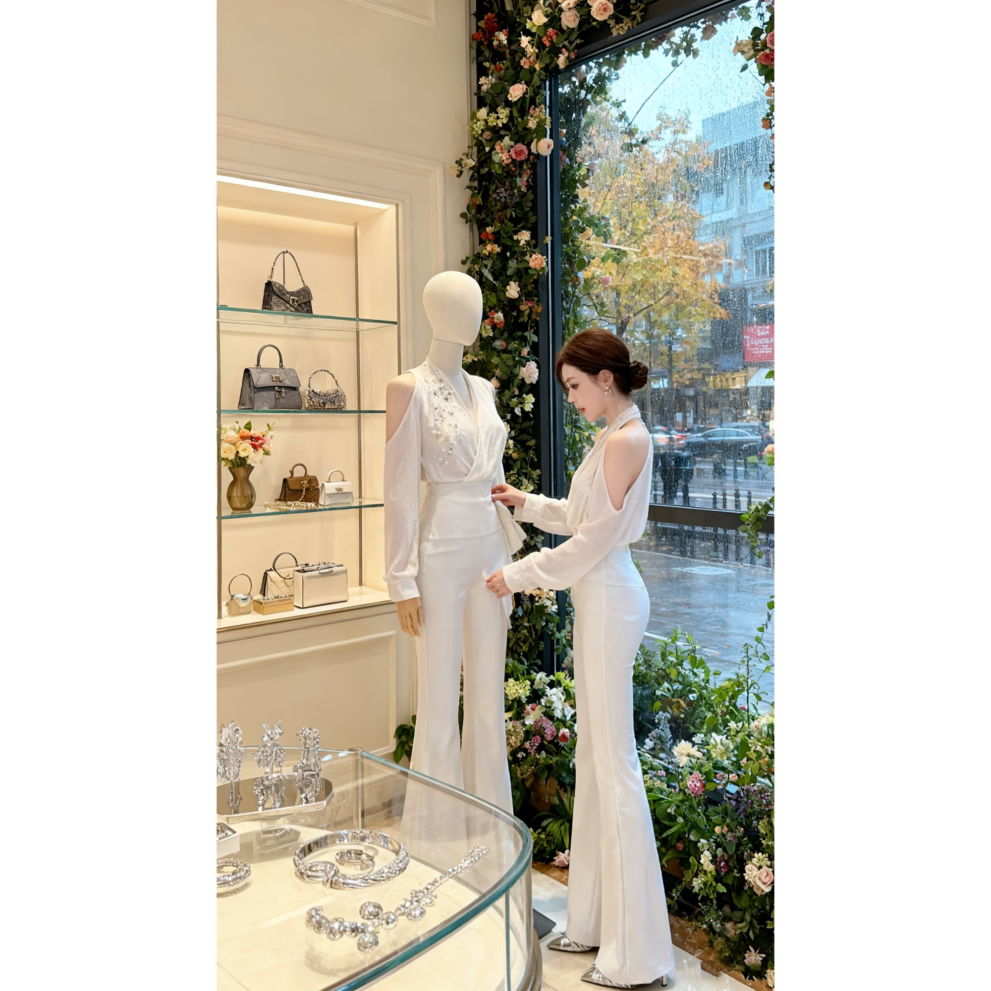 “碎闪星河”设计感重工烫钻百搭上衣INS风简约百搭微喇裤两件套