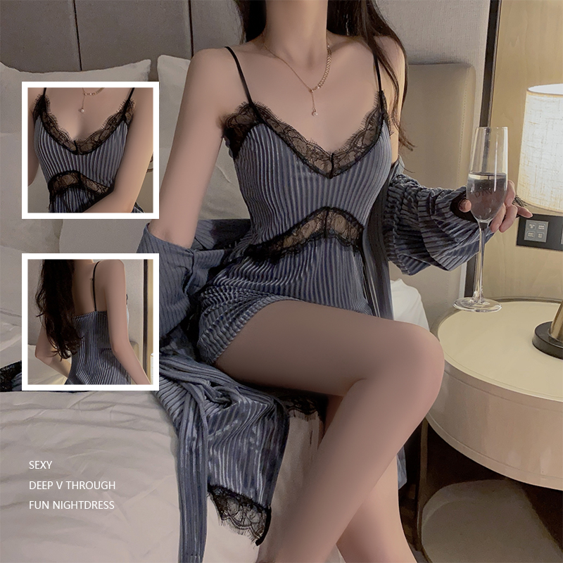 DW-【迷迭香】秋冬蕾丝纯色女大码连体法式宽松韩版女性针织睡裙