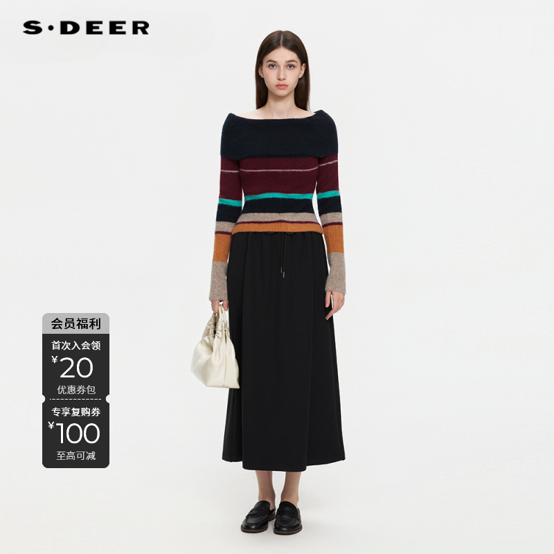 S·DEER圣迪奥长袖上衣条纹高领圆领秋冬套头撞色针织衫S253Z3527