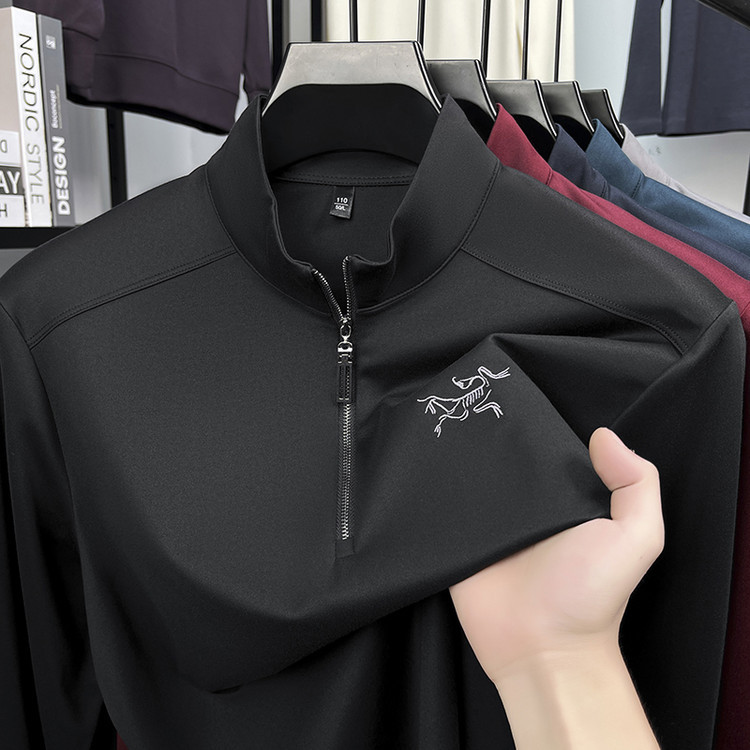 【奥莱折扣】鸟家刺绣秋冬拉链长袖T恤桑蚕丝立领纯色时尚男装上衣