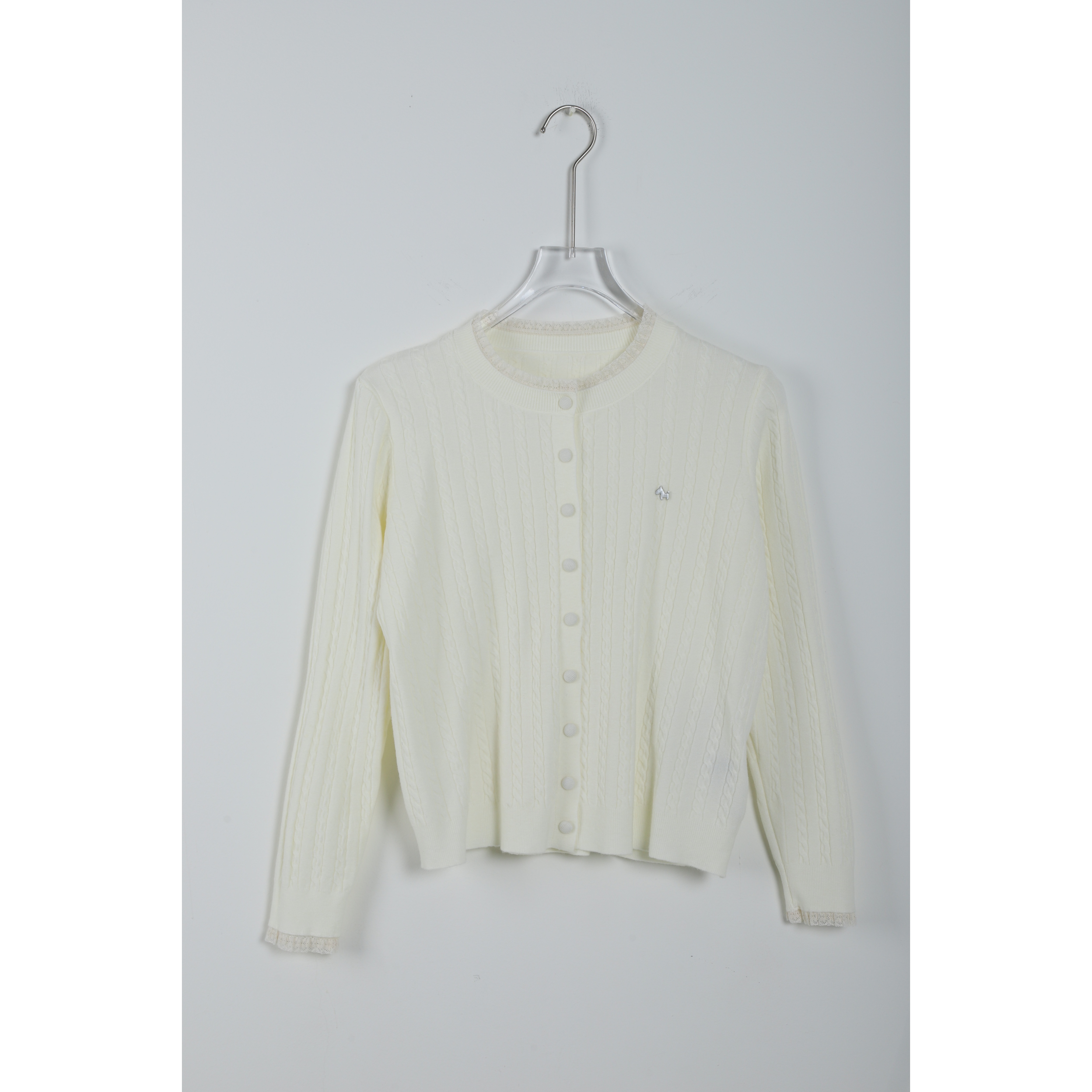 EIMARS埃马森温柔奶油白蕾丝边绞花针织开衫21314019