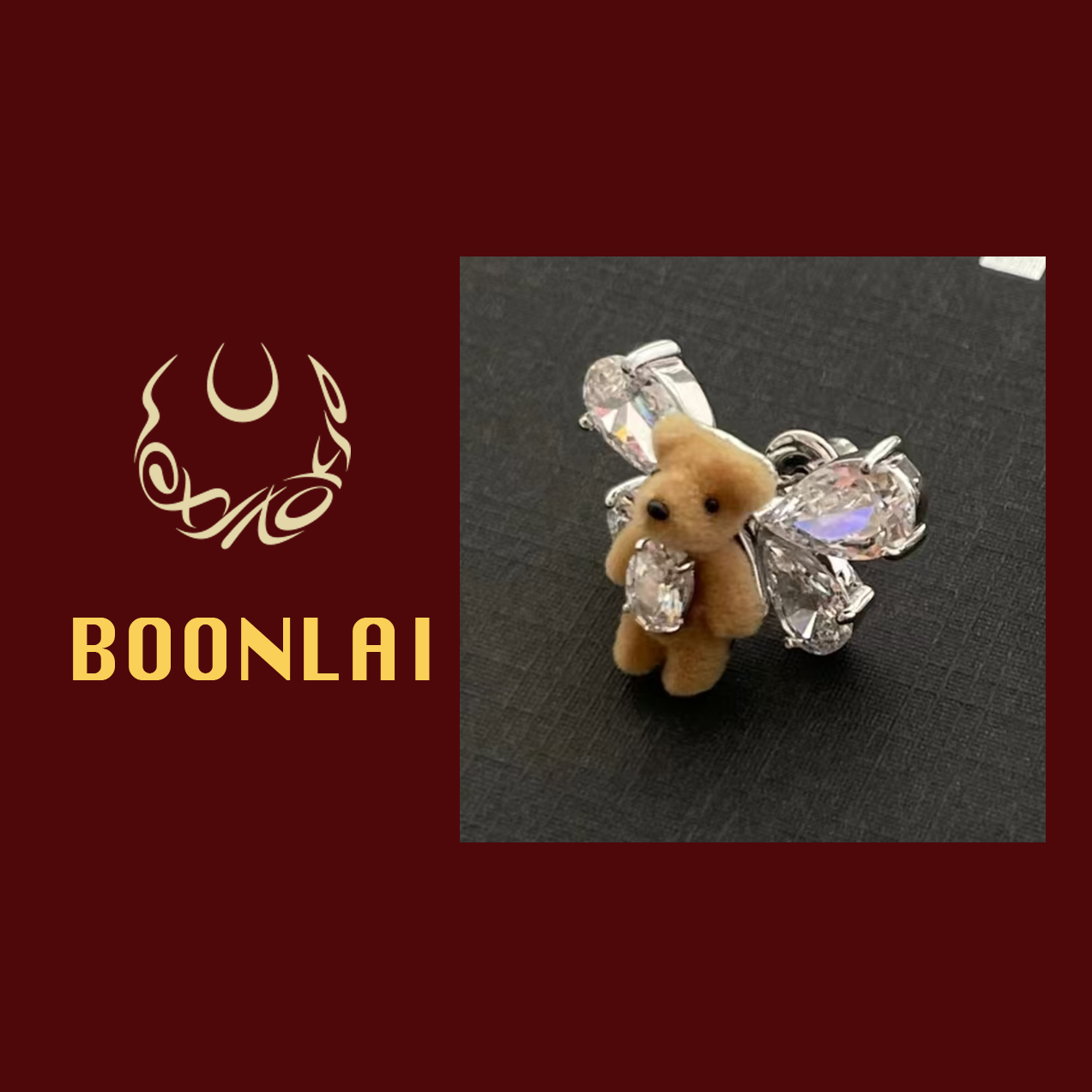 铜合金莫桑石耳饰 Boonlai  卡通毛绒锆石翅膀小熊耳扣203