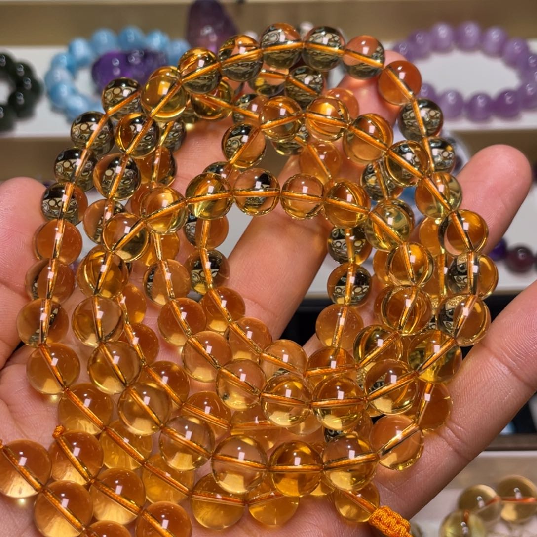 水晶手链未镶嵌巴西暴力黄108颗佛珠10+m