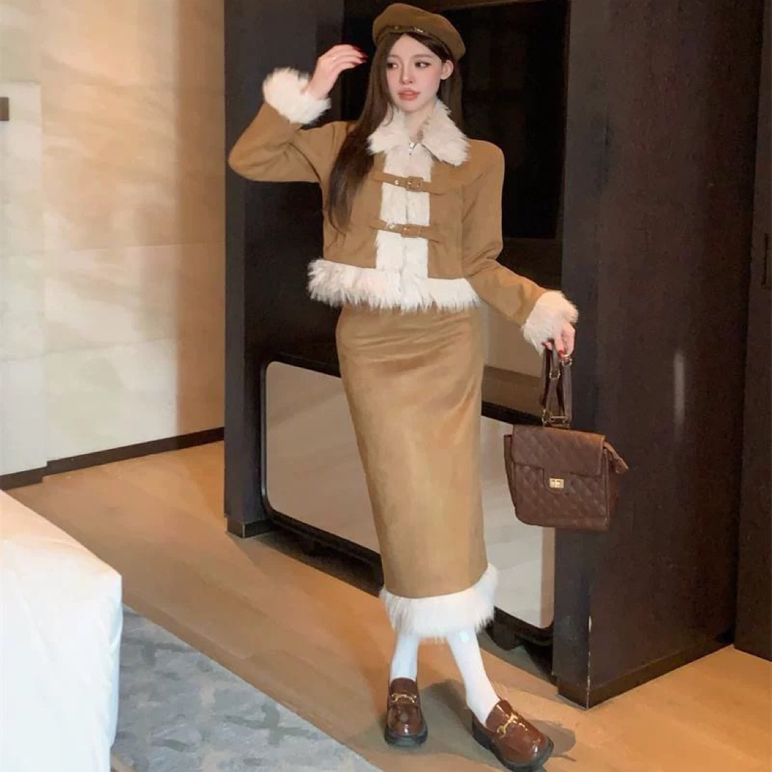 秋冬新款毛毛短外套半身裙气质千金风套装