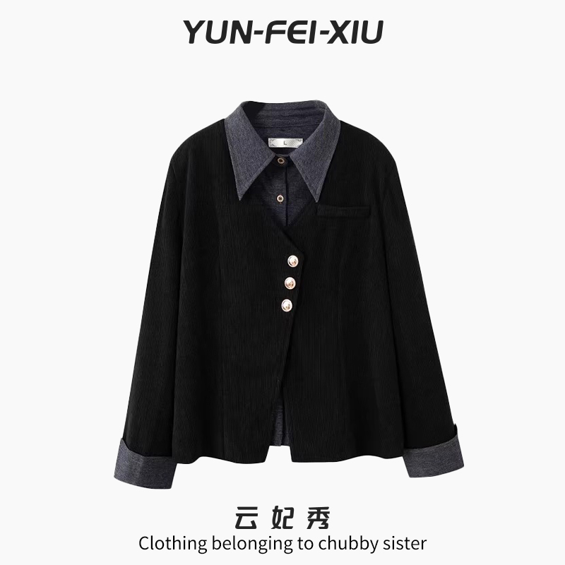 云妃秀大码女装外套翻领拼接口袋宽松显瘦遮肉胖妹妹秋季8010A