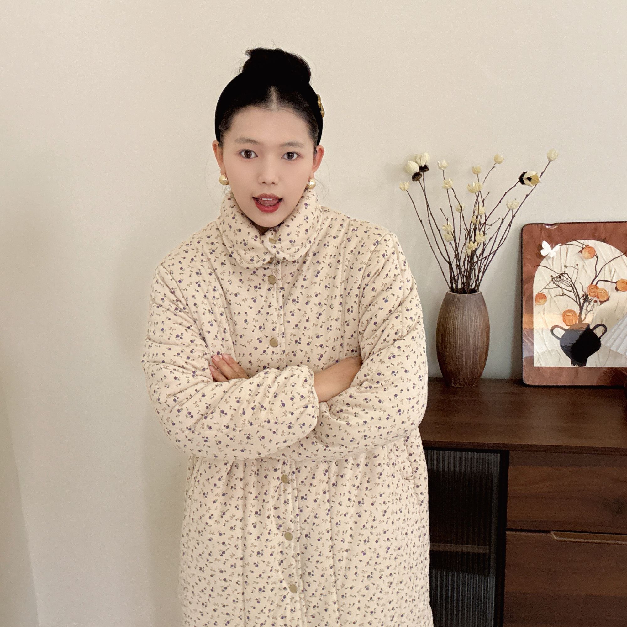 JY新疆棉【杏色小碎花】立领A版大长款家居服睡衣棉衣棉服小碎花棉