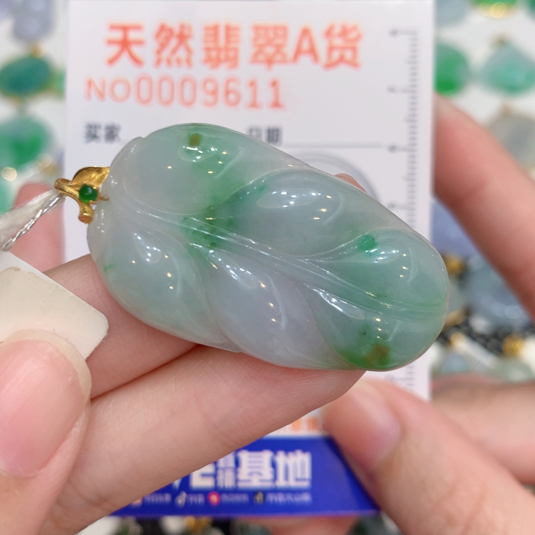 翡翠18K金镶嵌颈饰叶子