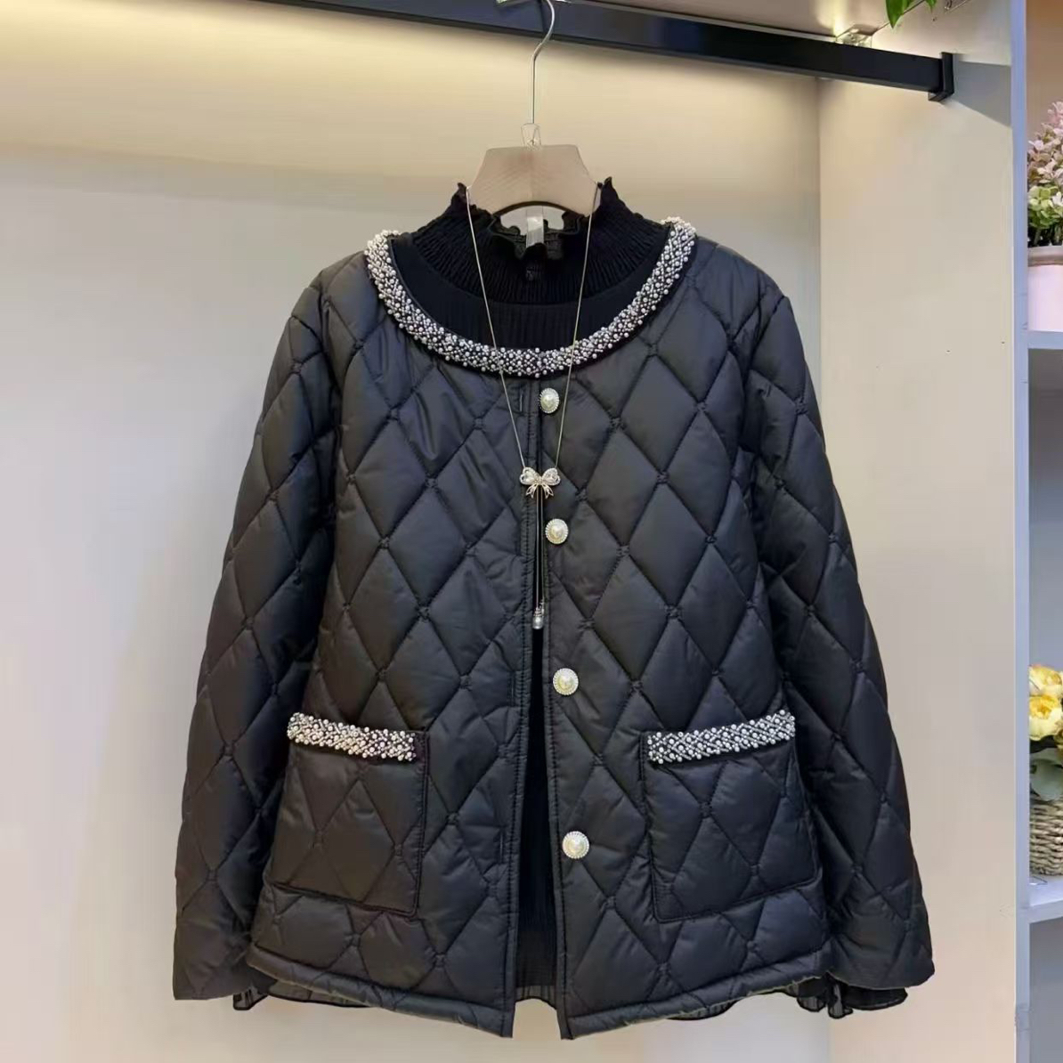 欧货时尚减龄显瘦设计感重工订珠棱格棉衣气质百搭棉服外套大码女