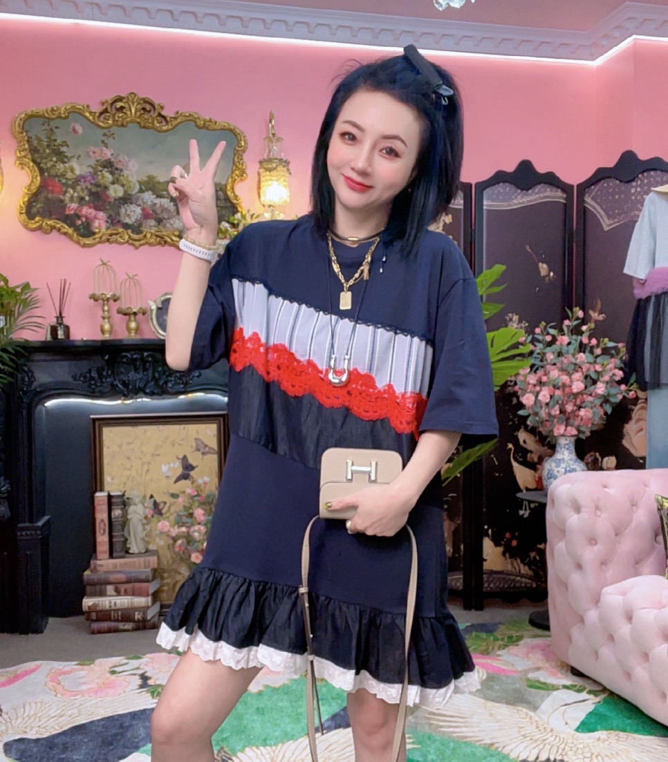 筱欧货木耳边拼接T恤裙连衣裙女夏新款圆领短裙设计感裙H0130