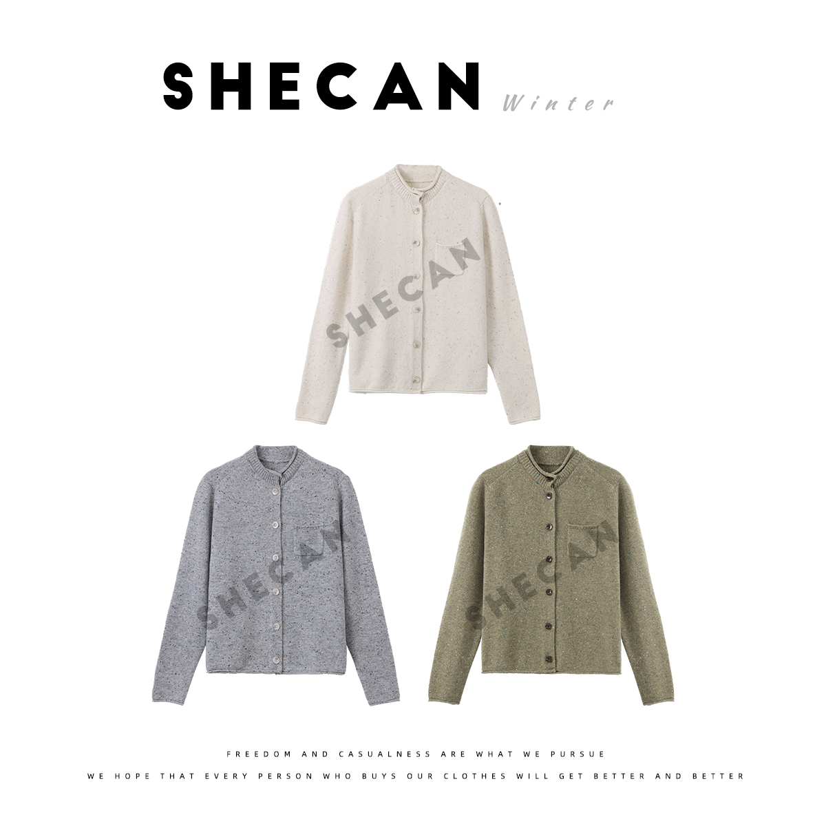 SHECAN 猫猫【匠心】100绵羊毛立领口袋长袖单排扣针织开衫M5DC115