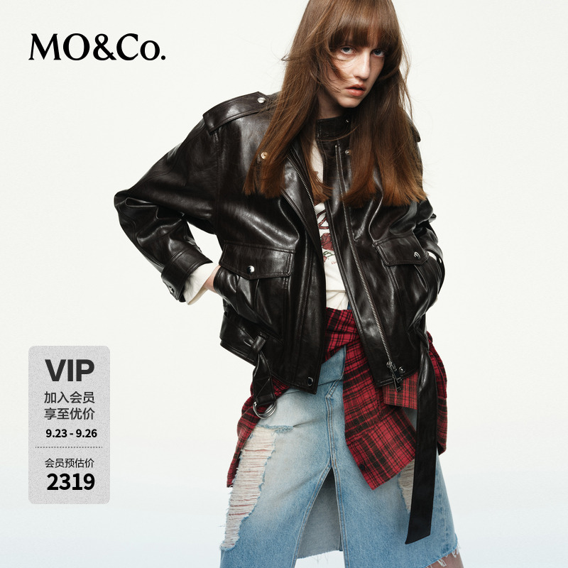 MOCO夹克2025秋新品怀旧素皮夹克机车风立领短款附腰带MBE3JKTT12