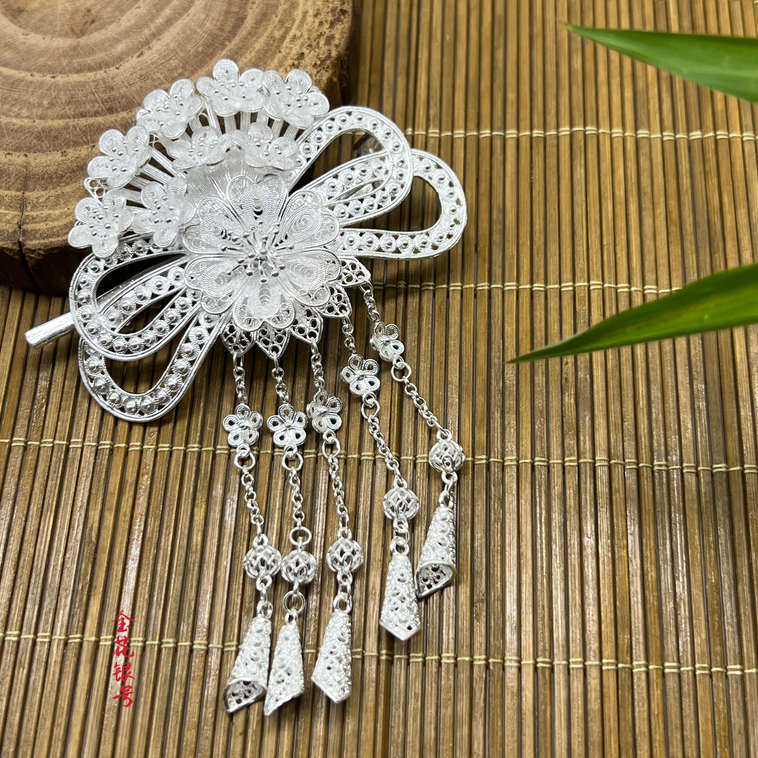 足银银制品 原创大花拉丝发夹【金花银号】纯银足银纯手工制作