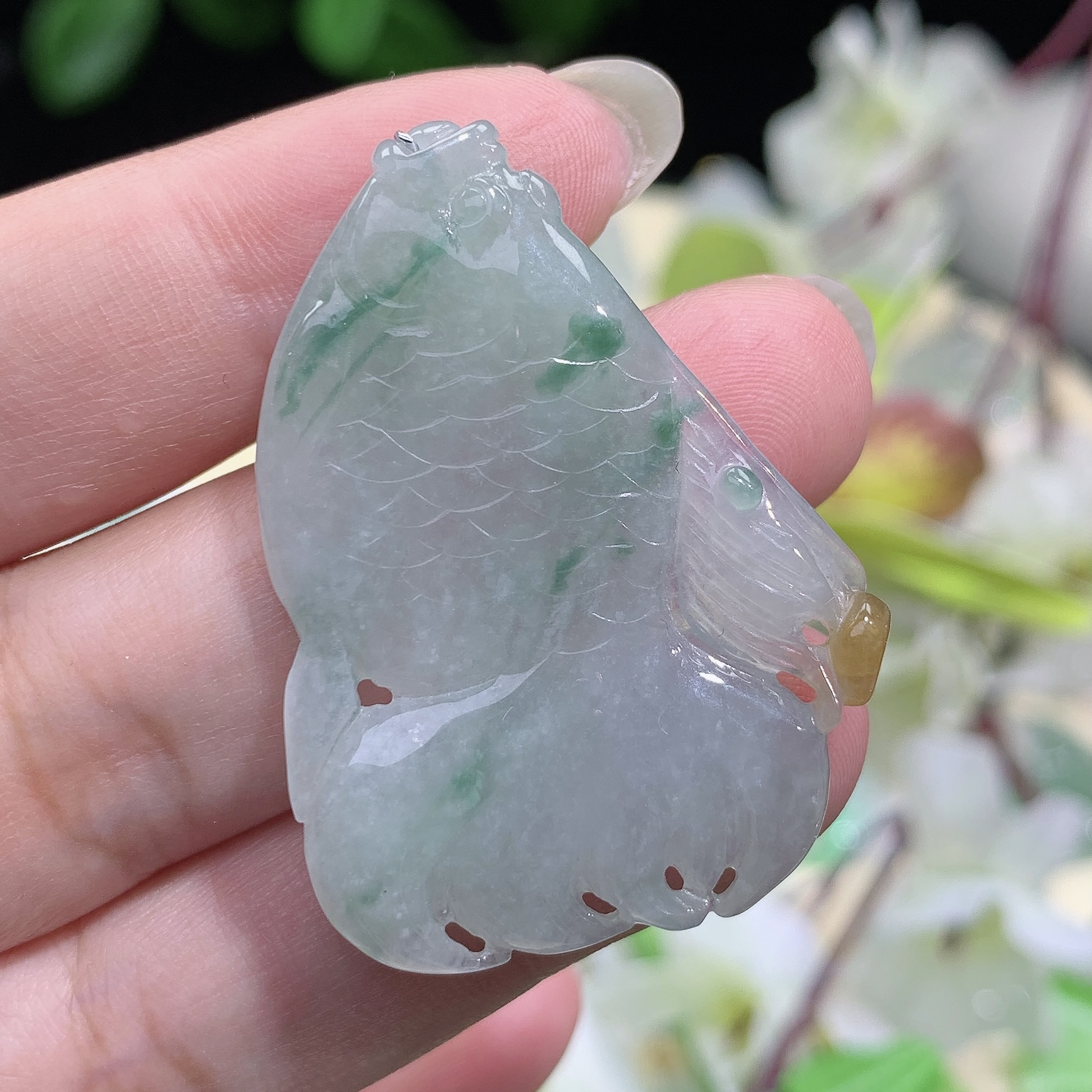 10.50g 缅甸翡翠A货 冰润双彩 金鱼 吊坠 年年有余玉石42.6×32×5
