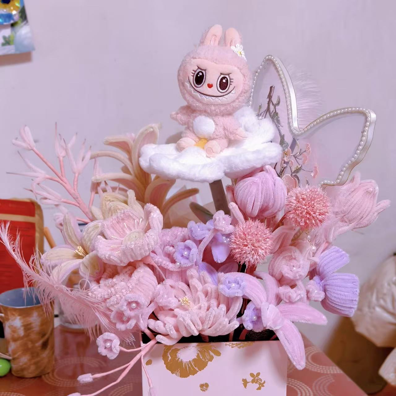 乐园周边labubu mokoko系列周边花束毛绒潮玩摆件