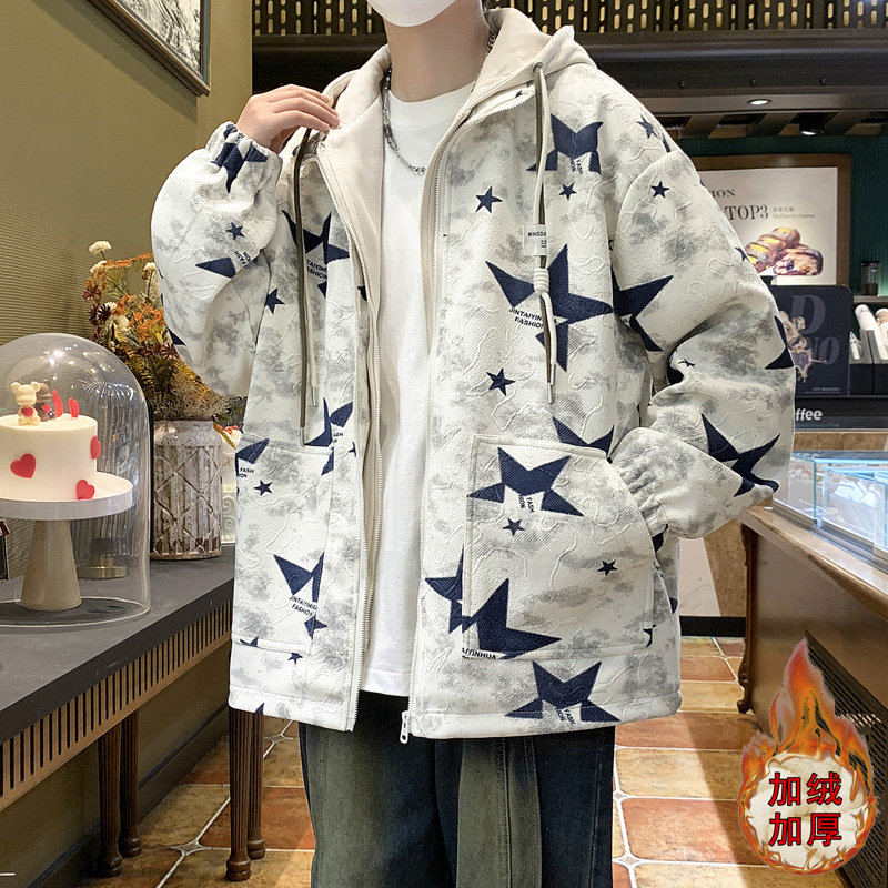 双11连帽冬季百搭青少年加绒外套保暖帅气学生加厚休闲夹克上衣男