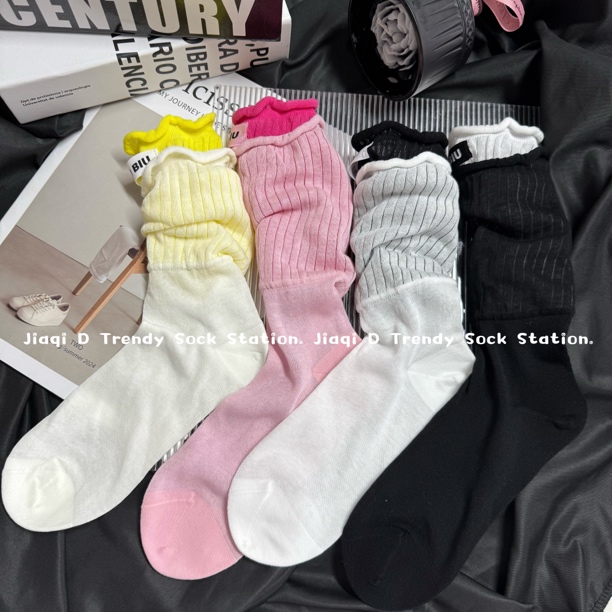 韩版双螺口字母袜子女中筒布标撞色堆堆袜休闲百搭潮袜