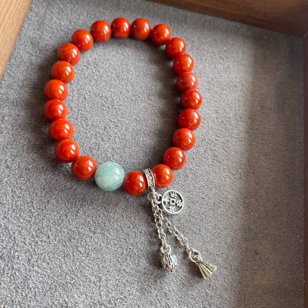 0064 平安快乐 南红玛瑙辣椒红单圈福字牌手链