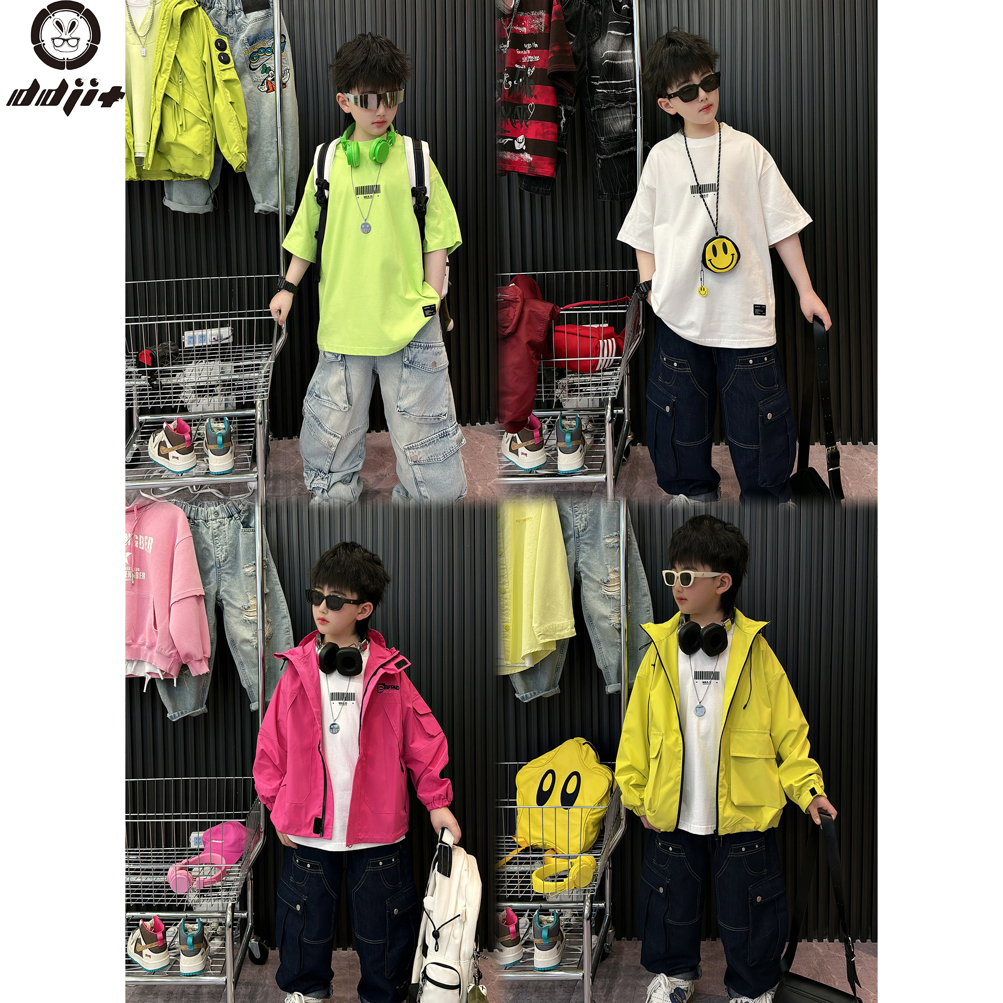 蛋蛋家【人手一件】春夏款时尚街头男童白色/绿色二维码印花短袖T恤